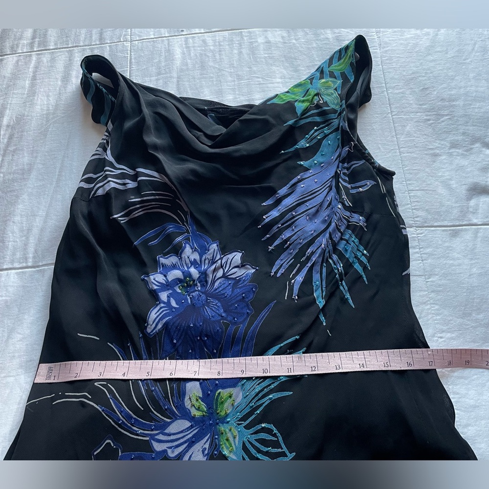 Vintage Eva Blue Dark Floral Beaded Cowl Neck Asymmetric Slip Dress 8 Fairycore - Picture 6 of 8